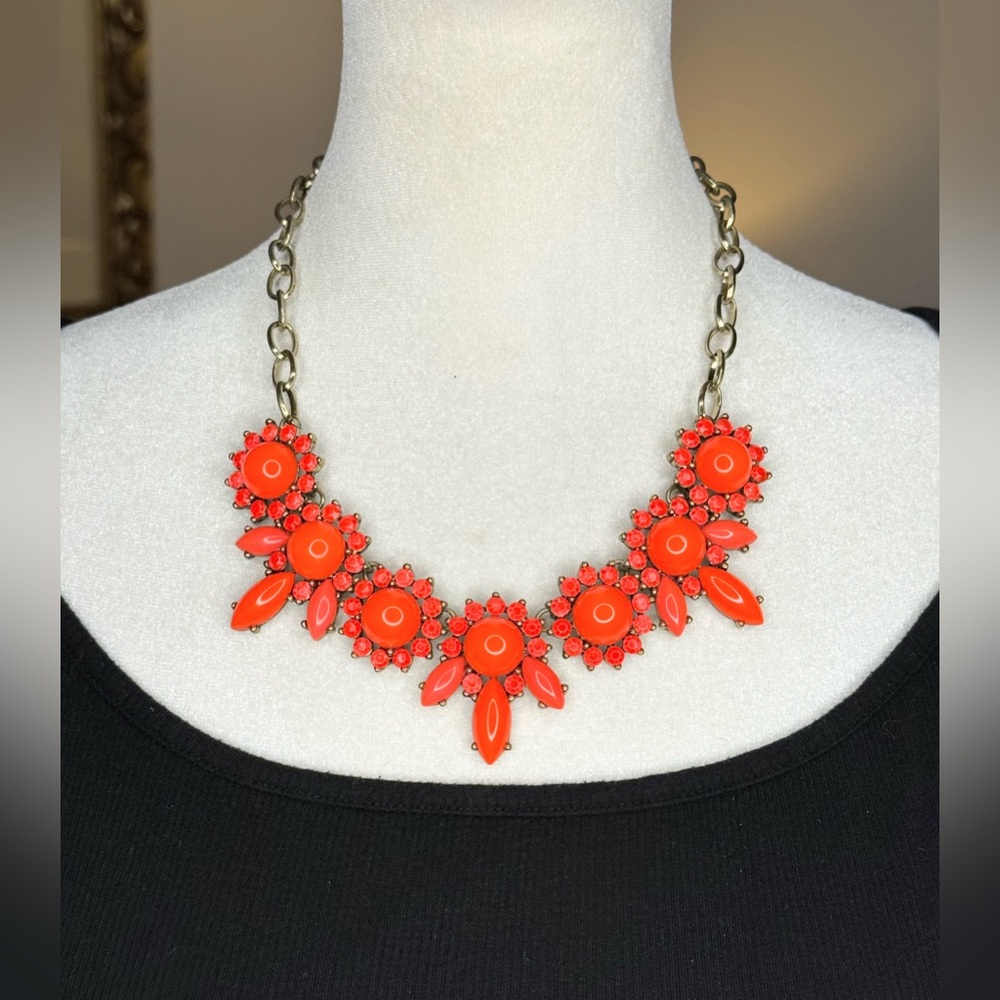 J.Crew Statement Necklace Bright Orange Floral Bib Resin Stones Gold Tone